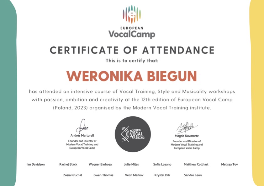 European Vocal Camp certificate of attendance